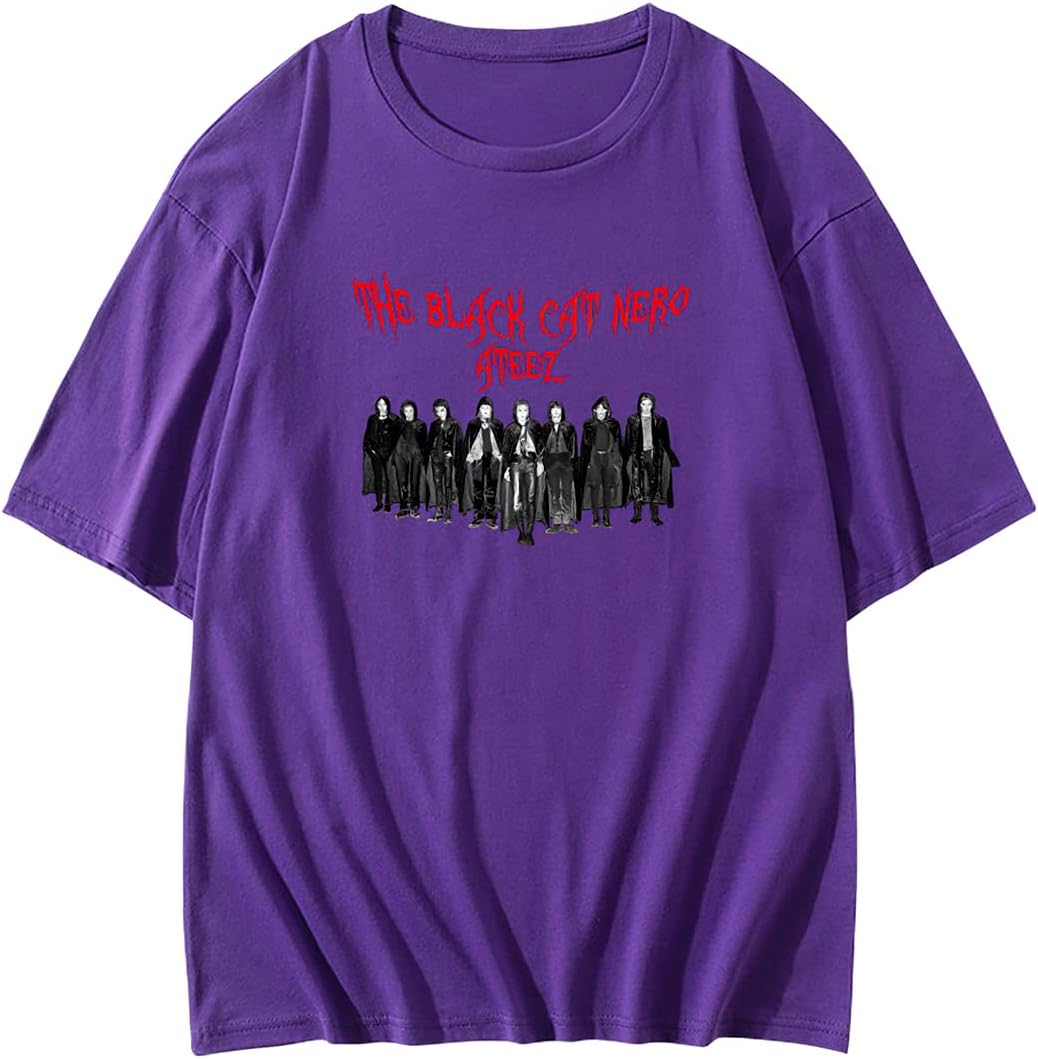 Kpop Merch ATEEZ T-Shirt -The Black CAT Nero-WOOYOUNG JONGHO Funny Tee for ATINY Womens Mens-Purple_S