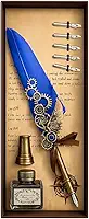 Caneta Mágica Estilo Antigo – Kit Pena Tinteiro Vintage com Tinta e 5 Pontas – Presente Criativo e Luxuoso Com Engrenagem Medieval FS (AZUL)