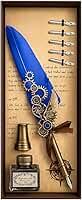 Caneta Mágica Estilo Antigo – Kit Pena Tinteiro Vintage com Tinta e 5 Pontas – Presente Criativo e Luxuoso Com Engrenagem Medieval FS (AZUL)
