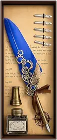 Caneta Mágica Estilo Antigo – Kit Pena Tinteiro Vintage com Tinta e 5 Pontas – Presente Criativo e Luxuoso Com Engrenagem Medieval FS (AZUL)