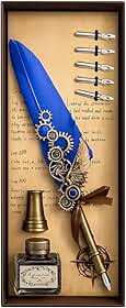 Caneta Mágica Estilo Antigo – Kit Pena Tinteiro Vintage com Tinta e 5 Pontas – Presente Criativo e Luxuoso Com Engrenagem Medieval FS (AZUL)