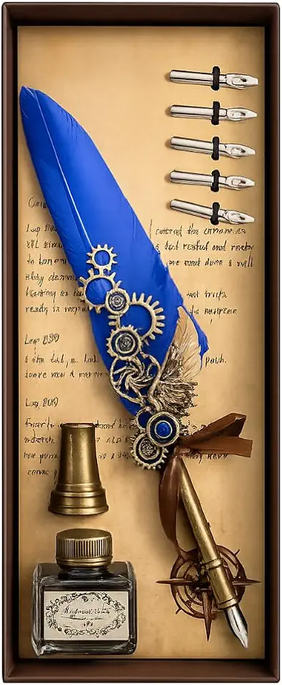 Caneta Mágica Estilo Antigo – Kit Pena Tinteiro Vintage com Tinta e 5 Pontas – Presente Criativo e Luxuoso Com Engrenagem Medieval FS (AZUL)