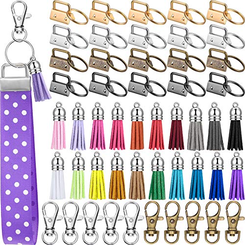 60 Pieces Key Fob Hardware Set, 20 Key Fob Hardware Wristlet with Ring 20 Leather Keychain Tassels 20 Swivel Snap Hooks for Keychain Making Supplies (Silver, Bronze, Gun-Black, Gold)