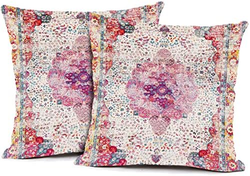 Snycler Pink Antique Persian Throw Pillow Cover Linen Set of 2 Decorative Vintage Throw Pillowcases Cushion Case for Home Decor Living Room Bed Couch Sofa Car Outdoor 18"x18"