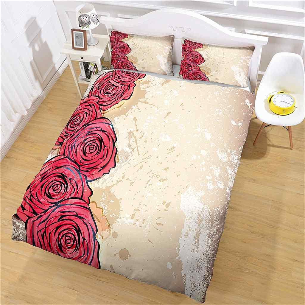 King Size 230 x 220 cm nadruk 3D czerwony wzór róży zestaw poszewek na kołdrę dla chłopców dziewcząt dorosłych zestaw pościeli z 2 poszewkami na poduszki łatwa pielęgnacja mikrofibra poszewka na kołdrę z zamkiem błyskawicznym