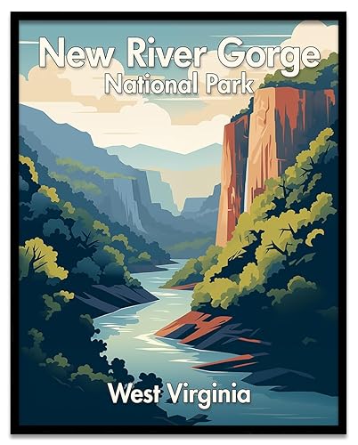 New River Gorge National Park, West Virginia Poster Cliffside Tranquility, Graceful Trees, Mountain Peaks, and Cloud-Embraced Blue Skies - An