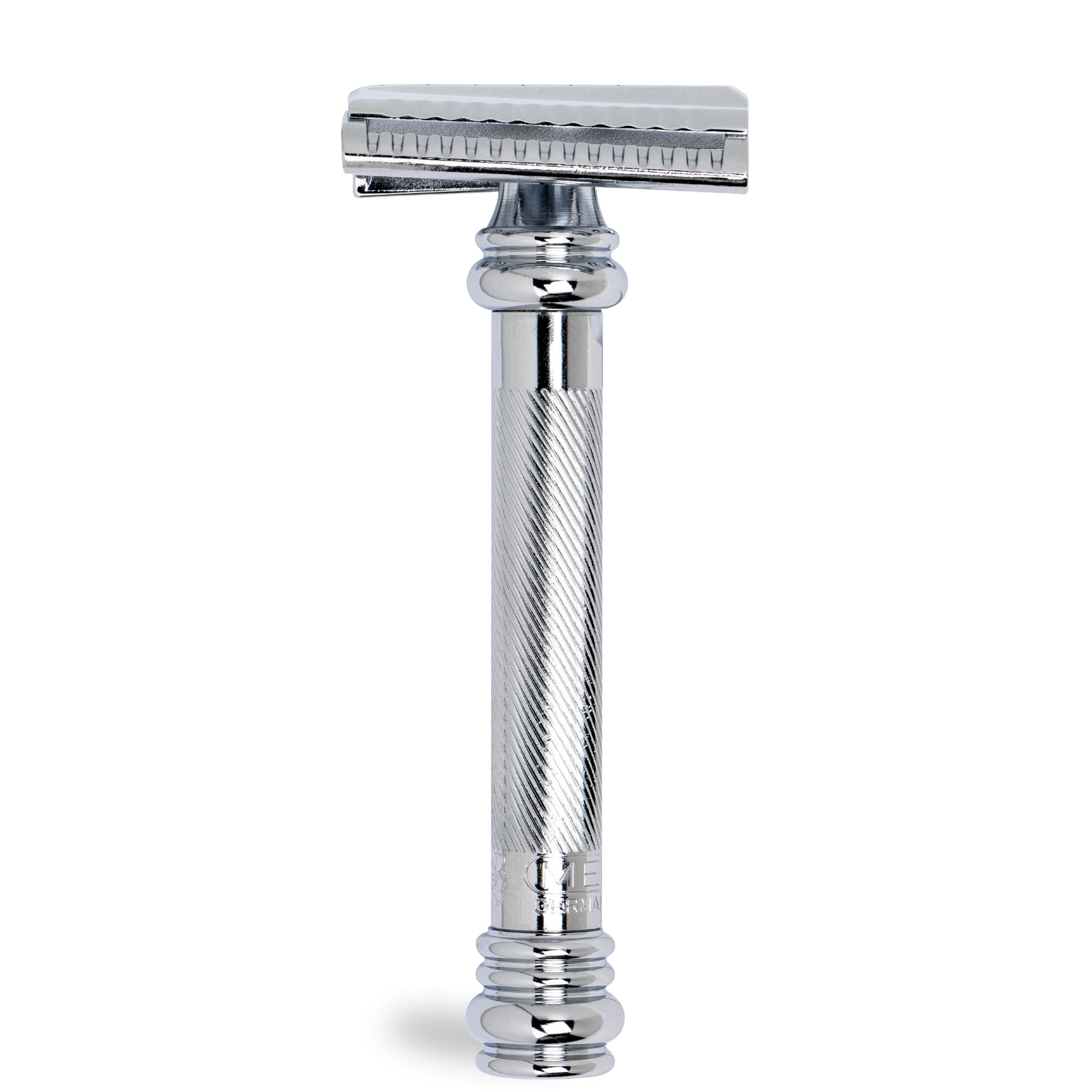 MERKUR Rasierhobel 39C | Barber Pole Schrägschnitt Glanzchrom | Zweiteiliger Rasierer mit schrägem Schnitt | Geschlossener Kamm | Ideal für Nassrasur | Messing Griffstück | Made in Germany