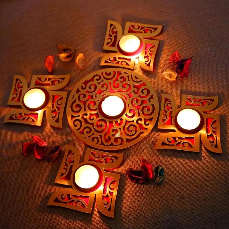 MDF Wood Readymade Rangoli Set with Tealights | Tea Light Candle for Diwali | Diwali Decoration Items for Home Decor Best Festive Diwali Corporate Gift Item (Swastik Shape)