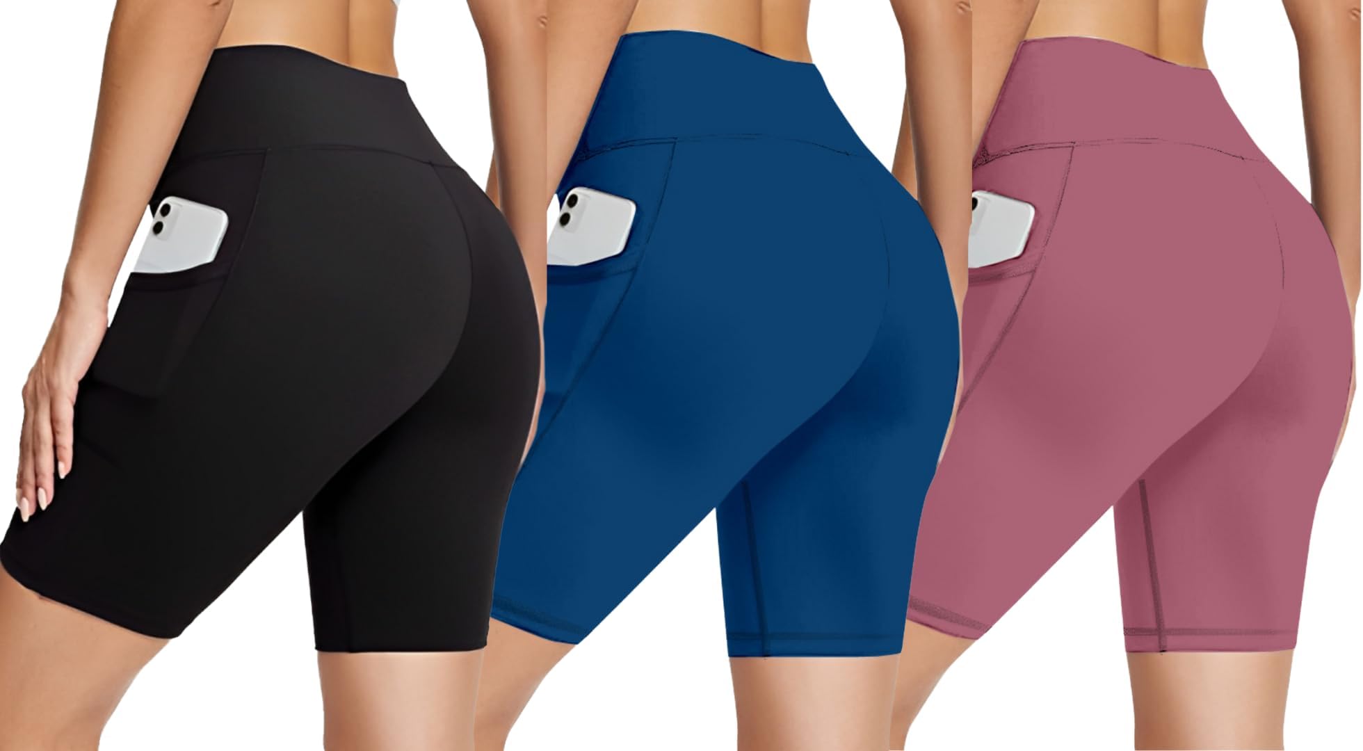 High-Waist Womens Shorts with Side Pocket | Polyester Blend Stretchable Workout Shorts for Gym, Yoga, Cycling Biker, Running & Training | Combo Pack of 3