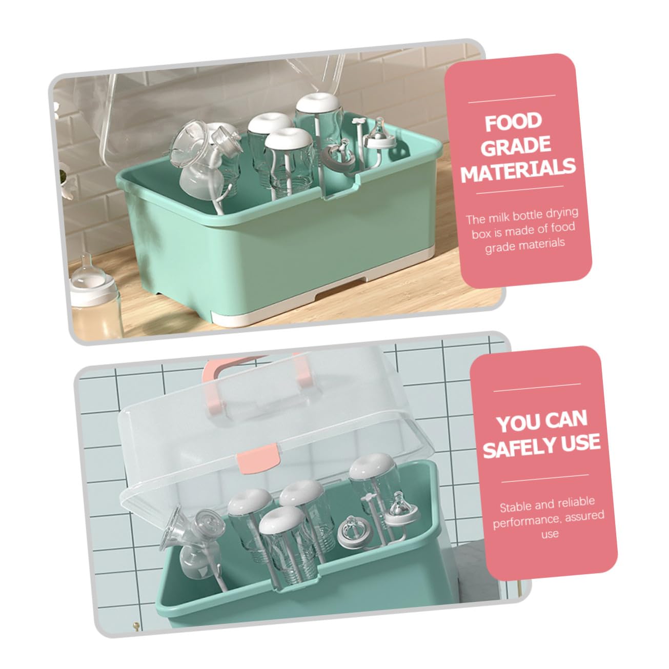Trocknungs und Aufbewahrungsbox für Babyflaschen aus Kunststoff mit Griffdesign Staubschutzdeckel Geeignet für Stillzubehör und Sauger für Zuhause
