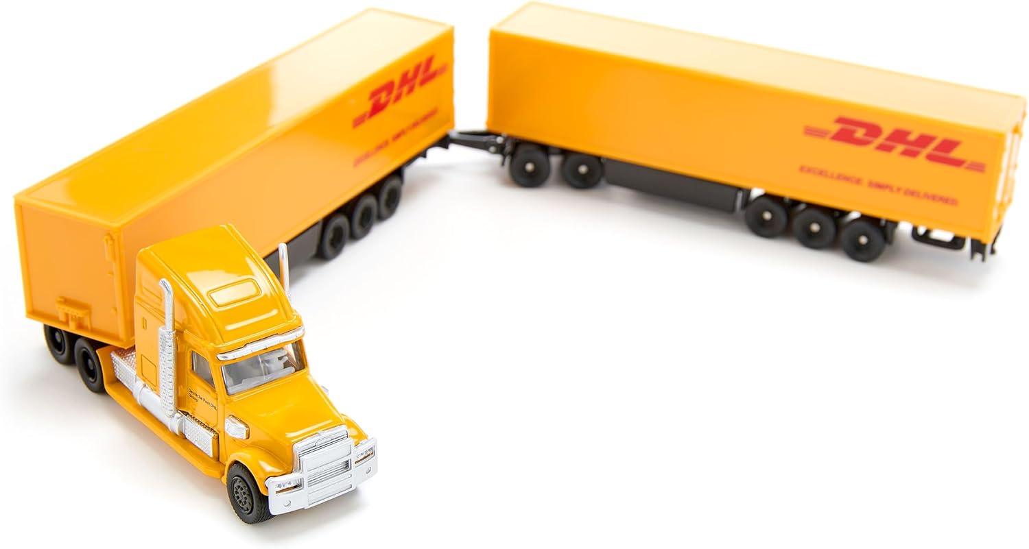 SIKU 1806, Freightliner DHL Road Train, Tractor with Trailer and Trailer, 1:87, Metal/Plastic, Yellow, Detachable Trailer, Opening Trailer Doors