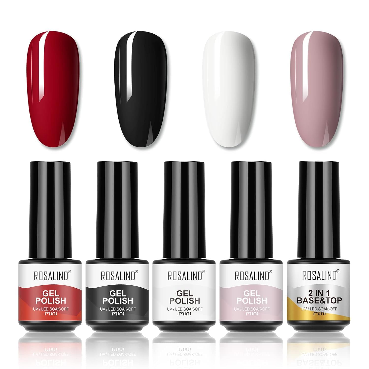 ROSALIND Esmalte Semipermanente de Uñas en Gel UV LED,4 pcs de Pintauñas Semipermanentes Rojo Blanco Negro,con 1pcs Base Top Coat Esmalte de uñas en Gel Set