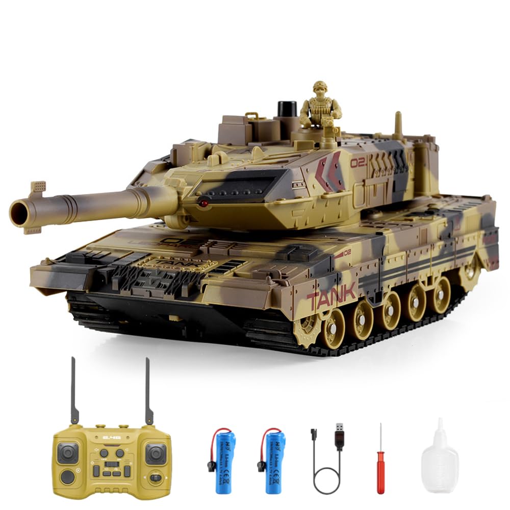 Tanque RC que dispara, modelo de vehículos militares de 2.4 GHz con torreta giratoria de 360°, demostración automática, sonido, humo y luz, tanque militar de control remoto para adolescentes y