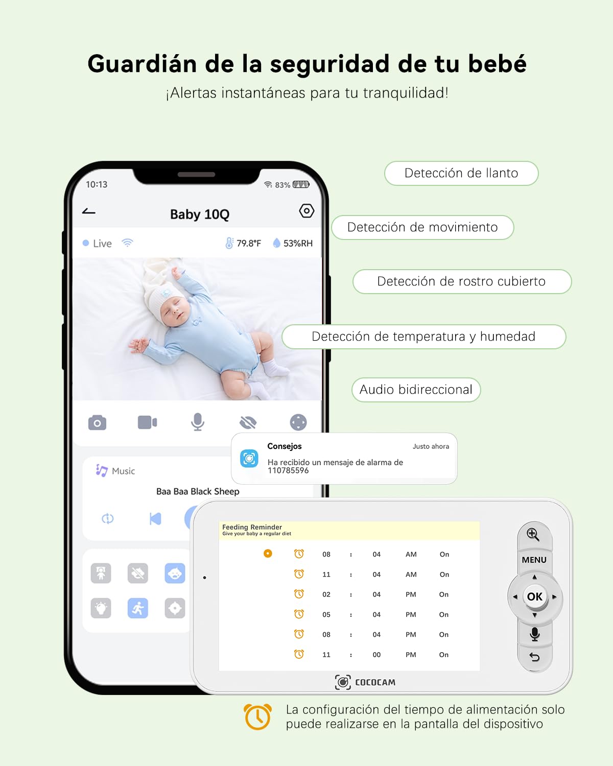 COCOCAM 2K 4MP IA Camara Vigilancia Bebe con 5" Pantalla 2,4G/5GHZ WiFi | Detección Cara Tapada, Álbum Tiempo Inteligente, Seguimiento Automático, Detección llanto, Encriptación, Visión Nocturna IR