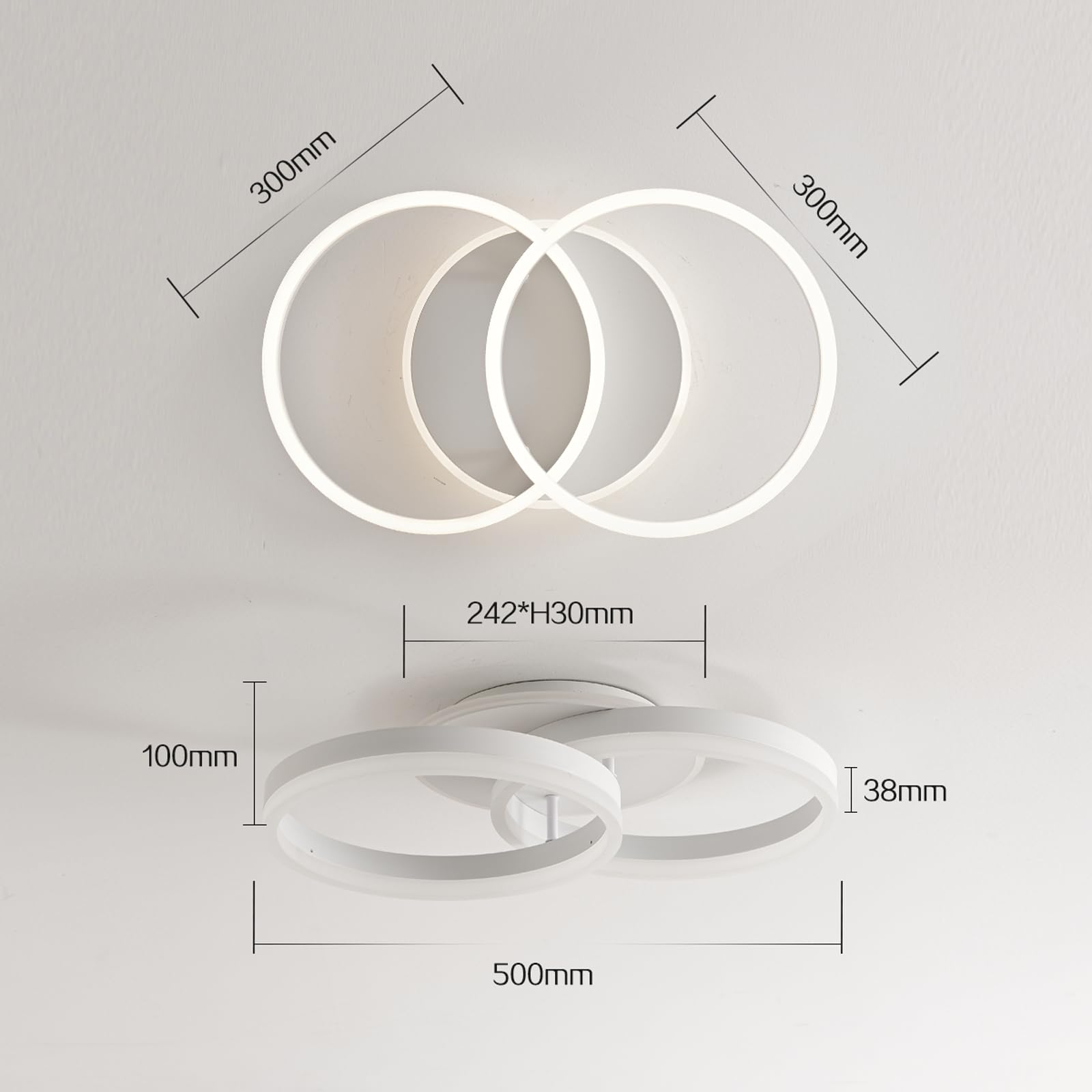 LED Deckenlampe Wohnzimmer 50cm 2-Ringe Design, 36W Deckenleuchte Moderne mit Fernbedienung Dimmbar, aus Metall+Acryl,Mit Nachtlicht Memory-Funktion, für Schlafzimmer, Esszimmer, Büro,Weiß