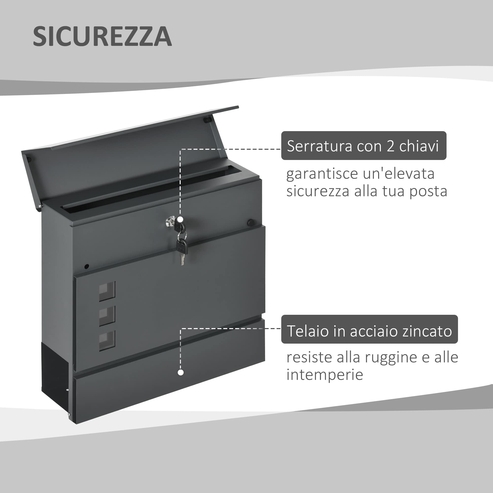 Cassetta Postale HOMCOM In Acciaio - 37x10.5x37 Cm, Con Serratura E Foro Di Drenaggio - Grigio