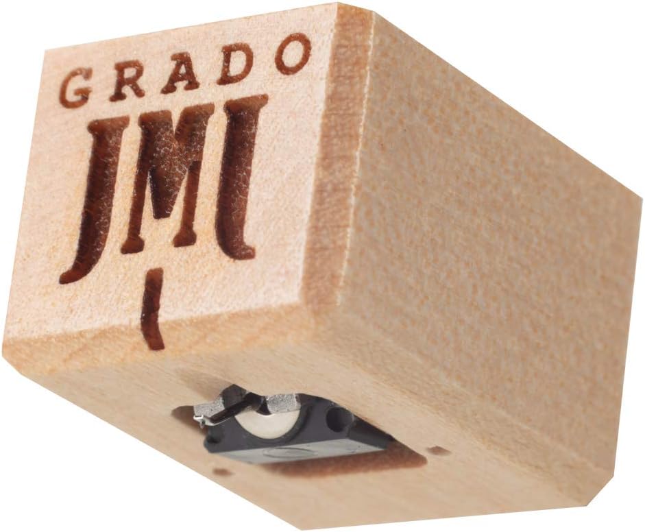 Close-up of the Grado Opus3 phono cartridge with its maple wood housing