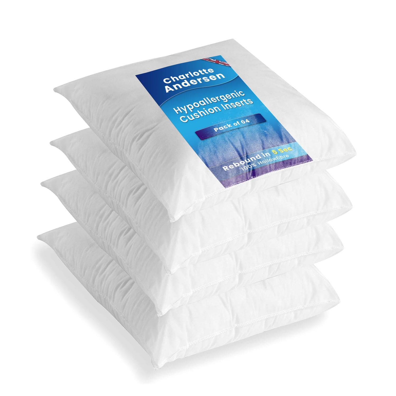 Charlotte Andersen White – 4 Pack Cushion Inserts 45Cm X 45Cm Square Inners, Anti-Allergy Pure Hollowfibre Filling- Made In Uk (4 18" X 18" Inches