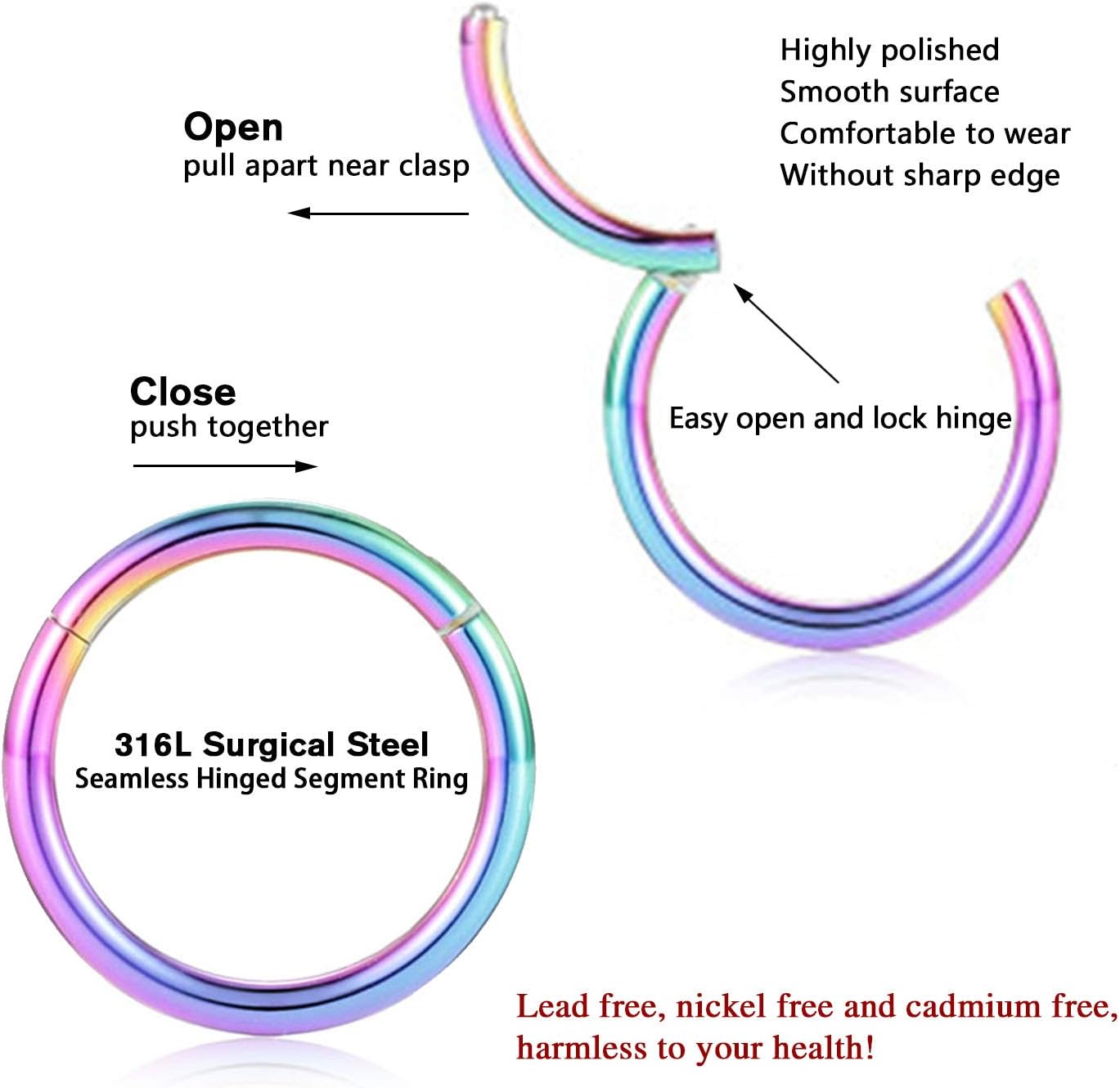 316L Surgical Steel Hinged Segment Nose Ring Hoop for Nose Septum Cartilage Helix Tragus Conch Rook Daith Lobe Lip Piercings 1 Pc - Image 2