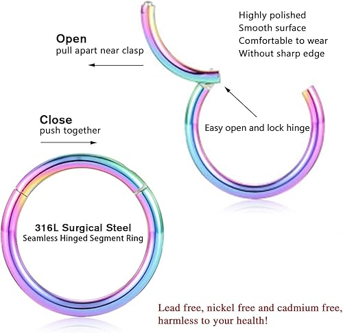 Miniatura 2 de AROWRO - Aro de acero quirúrgico y circonita cúbica con bisagras, calibre 20G, 18G, 16G, 14G, 12G, 10G, 8G de 1564, 516, 2564 y 1532 pulgadas para