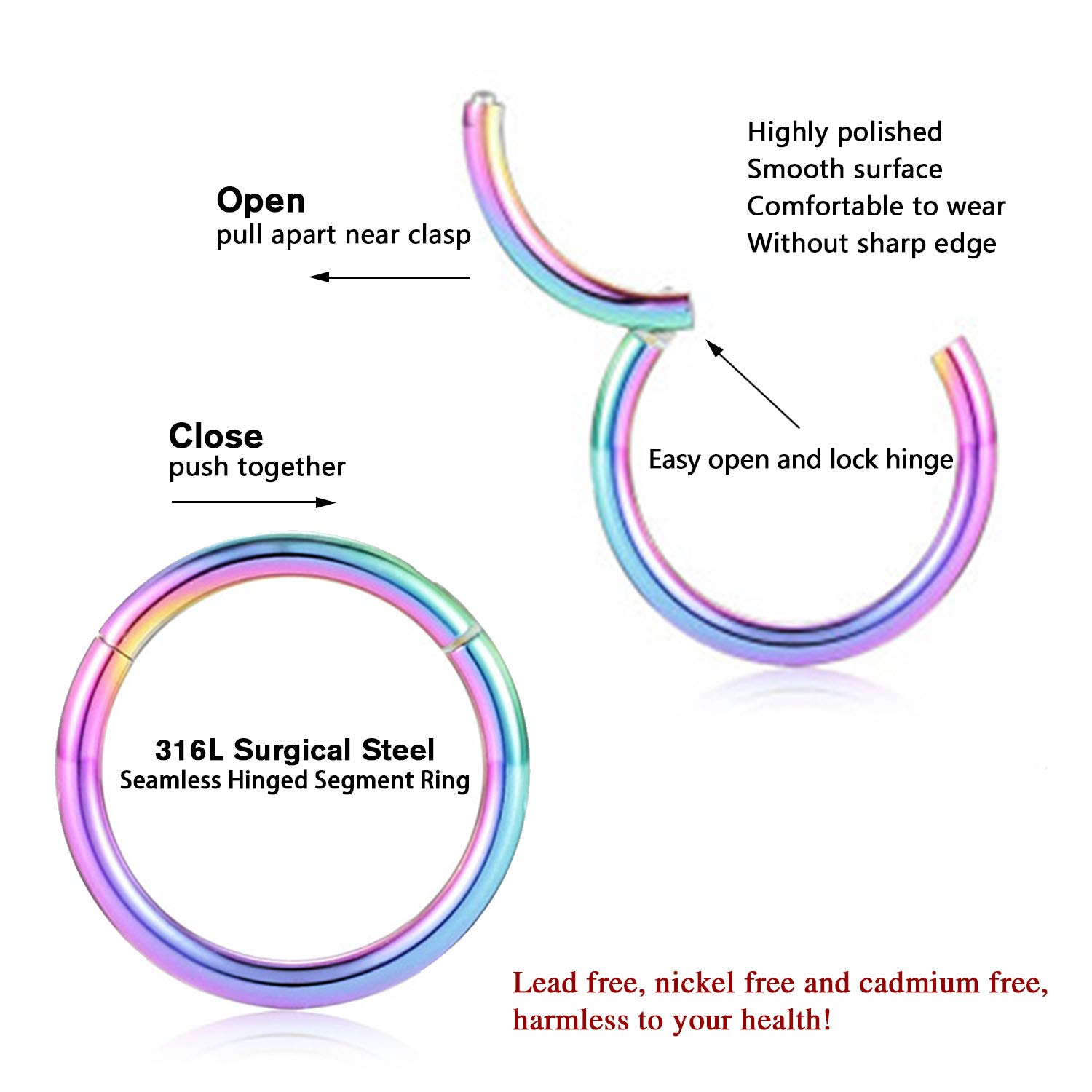 AROWRO 316L Surgical Steel Hinged Nose Rings Hoop 20G 18G 16G 14G 12G 10G 8G 6G 4G Seamless Piercing Rings for Nose Septum Cartilage Helix Tragus Conch Rook Daith Lobe Diameter 6mm to 14mm — view 4