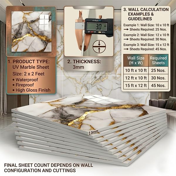 Image of OCEANSKY Dark Golden Abstract Design Marble UV Panels, Pack of 4