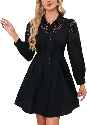 Women Pleated Button Down Shirt Dress Long Sleeve Cotton Mini Dresses Lace Casua
