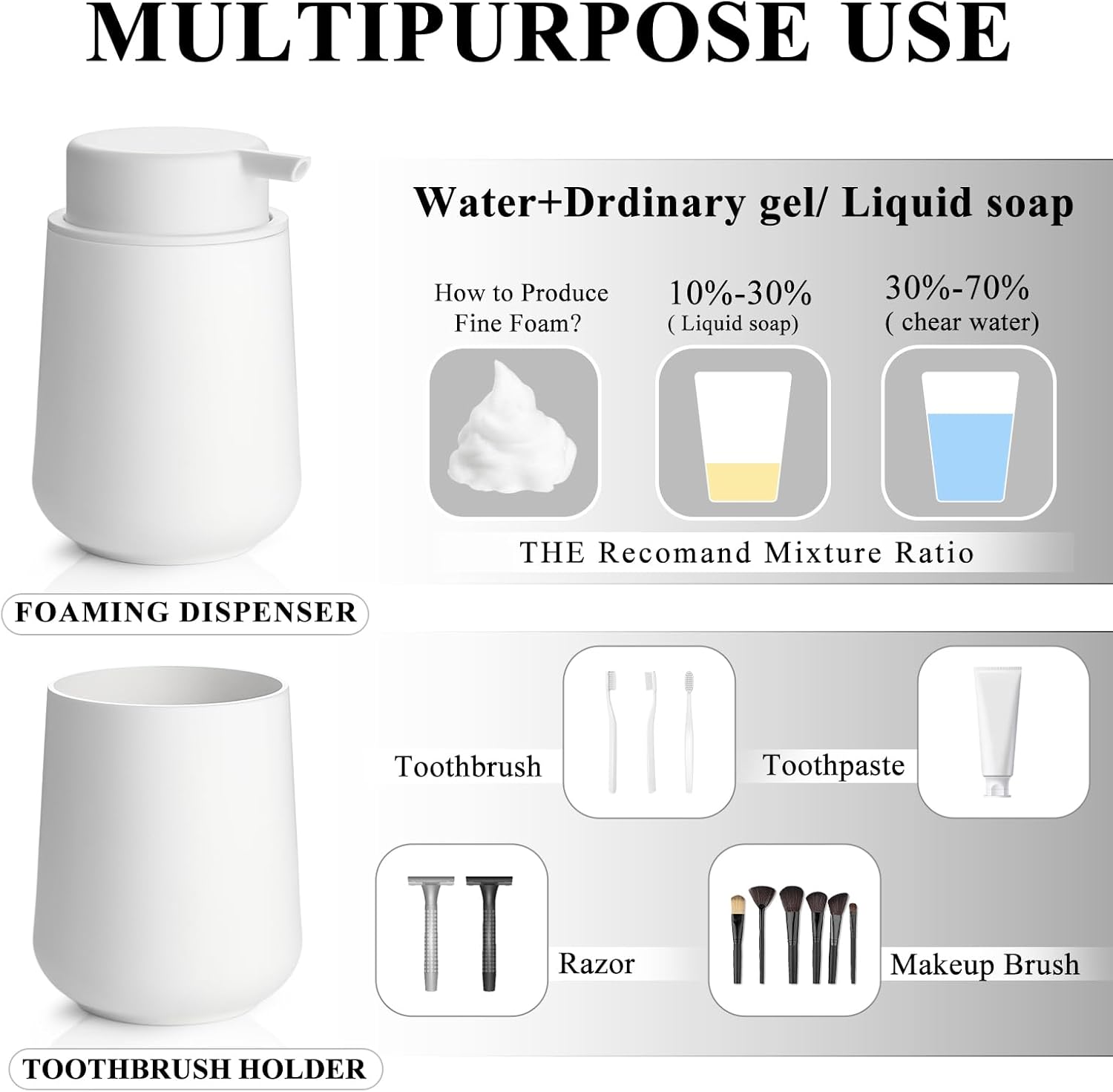 Matte White Bathroom Accessories Set Plastic Foaming Hand Soap Dispenser and Toothbrush Holders 2 Piece - Image 3