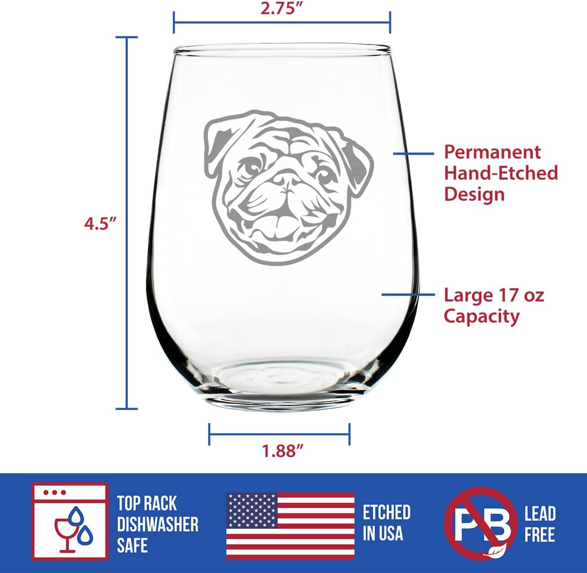 Bevvee Happy Pug Stemless Wine Glass - Cute Dog Themed Decor and Gifts for Moms & Dads of Pugs - Large 17 Oz Glasses - Image 5