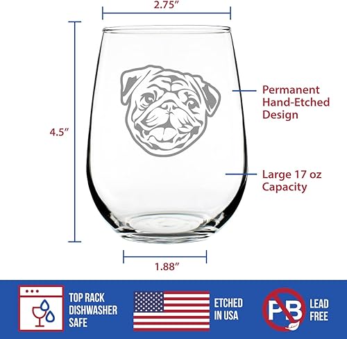 Miniatura 5 de Bevvee Happy Pug Stemless Wine Glass - Cute Dog Themed Decor and Gifts for Moms & Dads of Pugs - Large 17 Oz Glasses