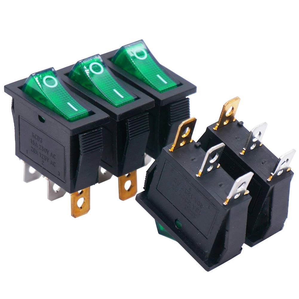 Twidec/5Pcs Rocker Switch 3 Pins 2 Position ON/Off AC 20A/125V 15A/250V SPST Green LED Light Illuminated Boat Rocker Switch Toggle KCD3-101N-G