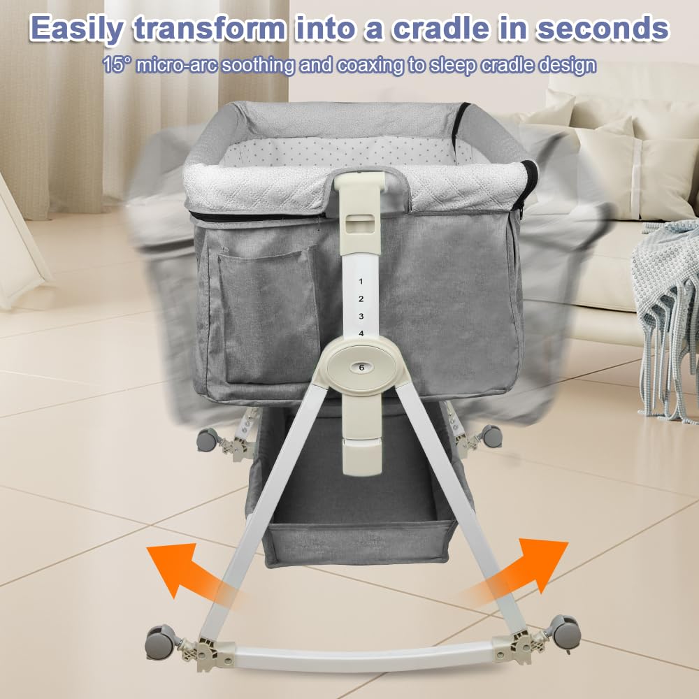 Lit Bébé Cododo la Naissance avec Fonction Bascule, Berceau Cododo avec Matelas et Moustiquaire, Lit d'appoint Mobile pour Bébé, Hauteur en Réglable 6 Positions, Gris 90 * 50*(98-110) cm