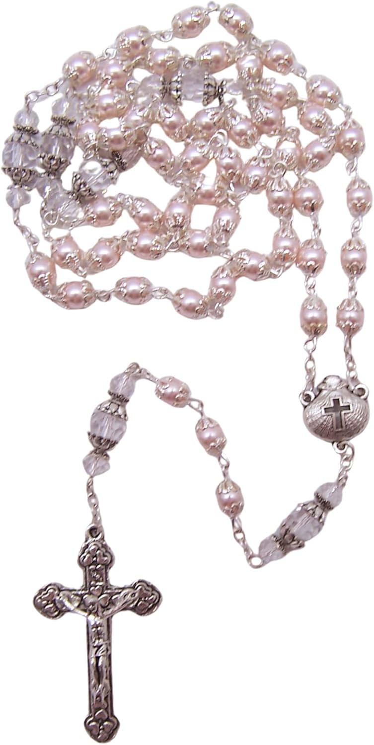Wowser Sacred Traditions My Baptism Rosary Gift Set with Pink Pouch, Cross Crucifix Charm & Keepsake Prayer Card for Baptism, Christening, First Communion or Religious Celebration