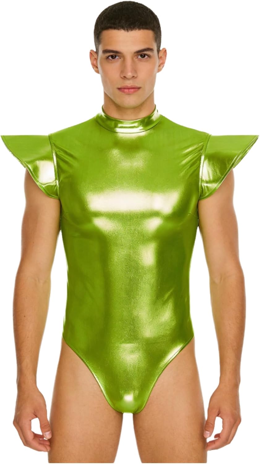 Alvivi Mens Alien Cosplay Costume Shiny Metallic Fly Sleeve Back Zipper Leotard Bodysuit Jumpsuit