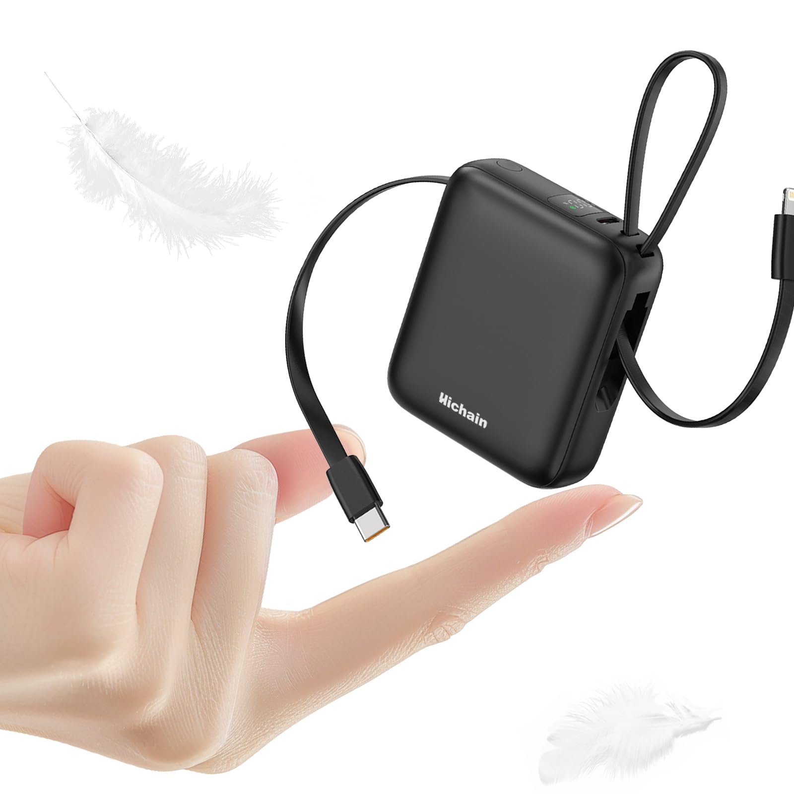 Hichain Small Portable Charger with Built in Cables LED Display, Mini Power Bank 10000mAh 22.5W USB-C Fast Charging Battery Pack, Travel Essential Power Bank for iPhone, iPad, Samsung, Android (Black)