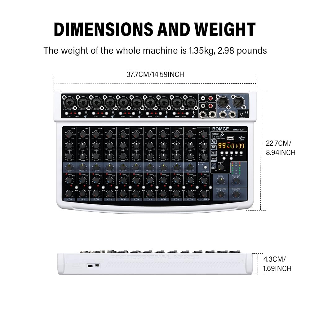 BOMGE Mixer Audio Professionale, 12 Canali, Bluetooth, USB, Alimentazione 48V, Ingressi XLR/RCA, Effetti DSP
