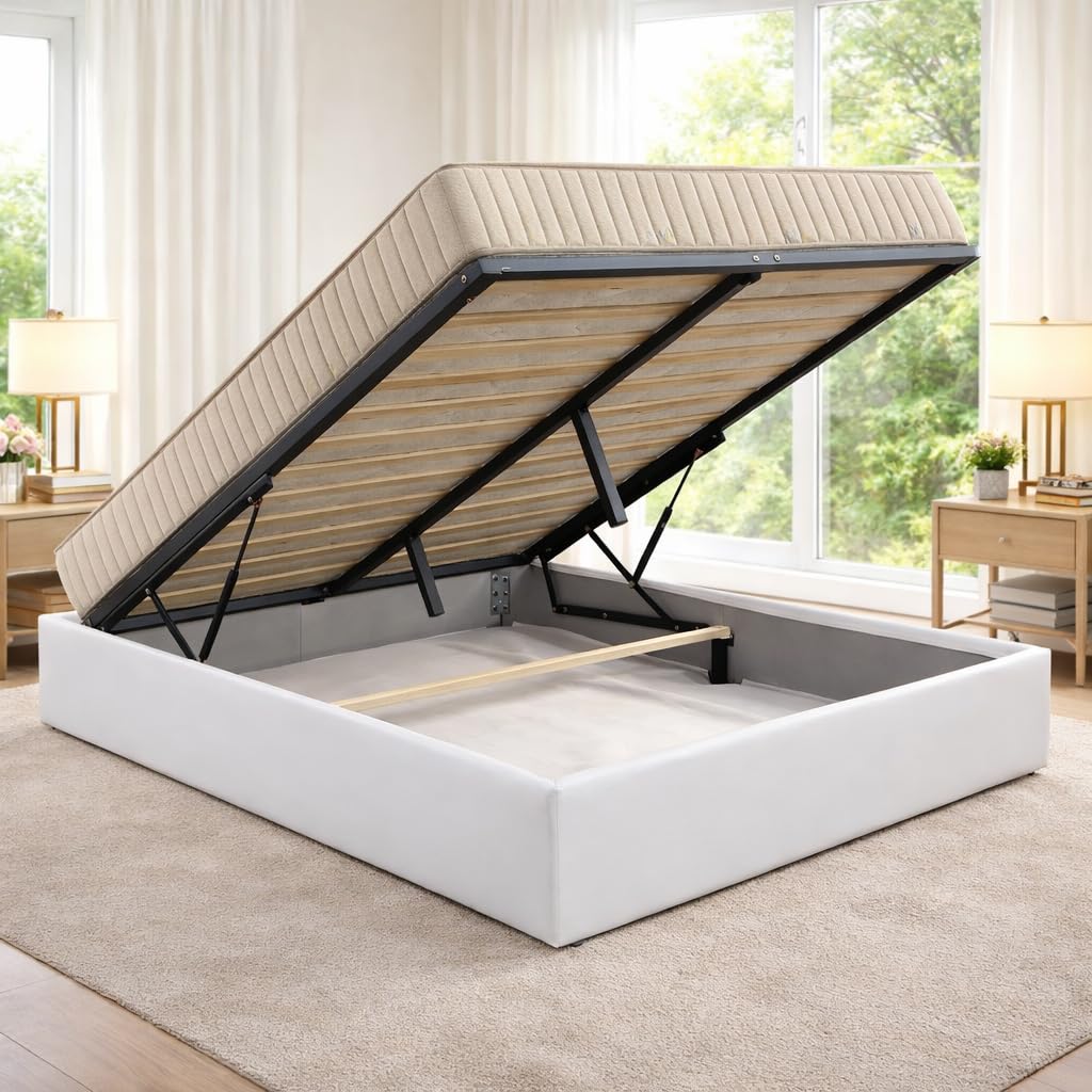 Ensemble Lit Coffre et Matelas 140x190 cm - Couleur : Blanc - Sommier Relevable avec Vérins Hydrauliques - Matelas Mousse Soutien Ferme Face Hiver Laine - Lit Coffre Déhoussable