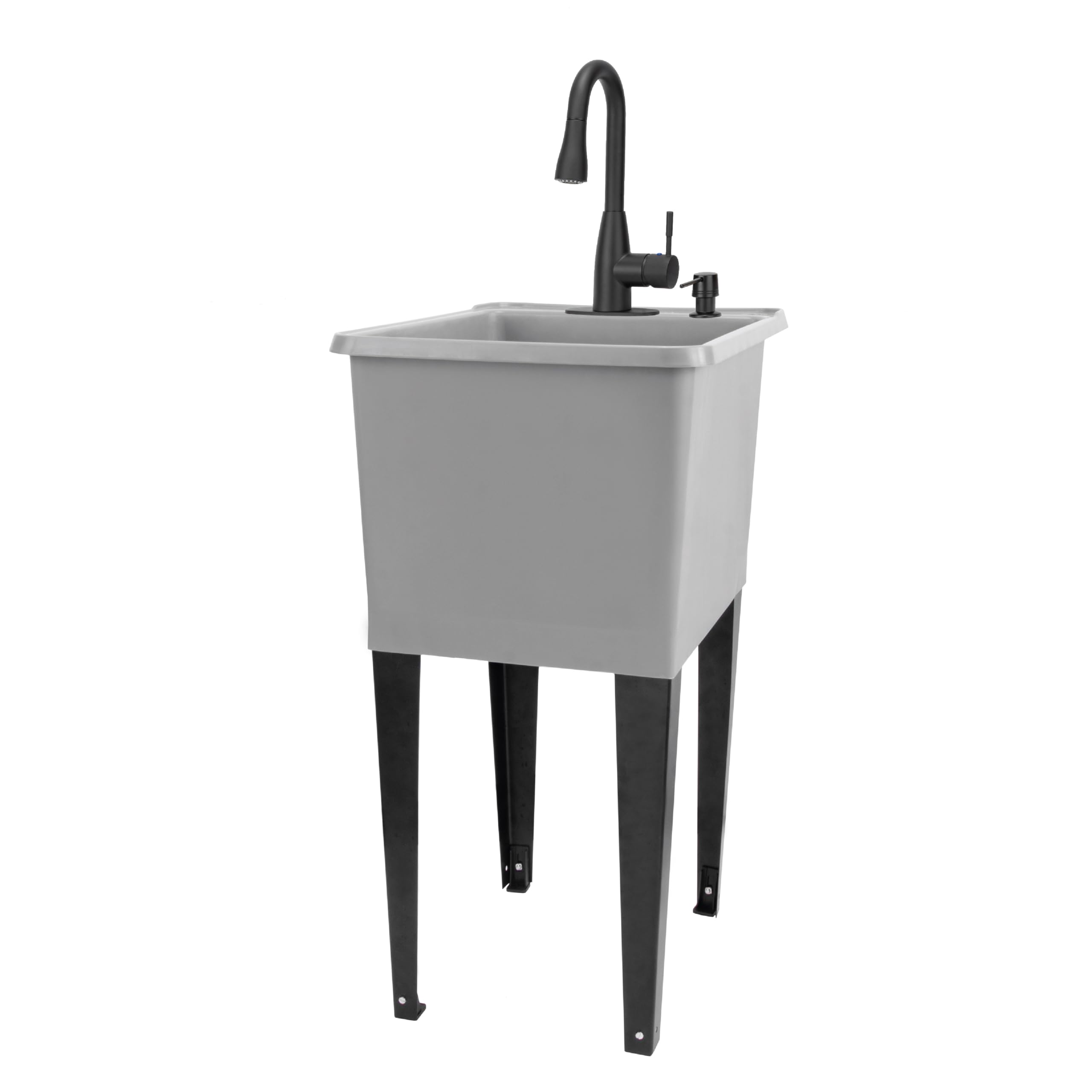 Grey Space Saver Utility Sink by JS Jackson Supplies, Freestanding Tehila Space Saving Laundry Tub, Matte Black Pull-Down Faucet, Soap Dispenser