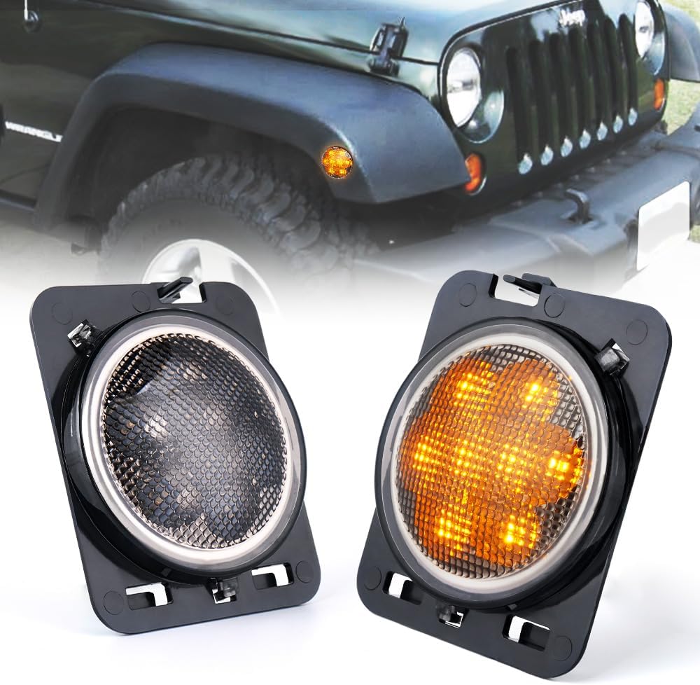 Xprite LED Amber Yellow Front Fender Side Marker Light Assembly with Smoke Lens Compatible with 2007 2008 2009 2010 2011 2012 2013 2016 2017 2018 Jeep Wrangler JK