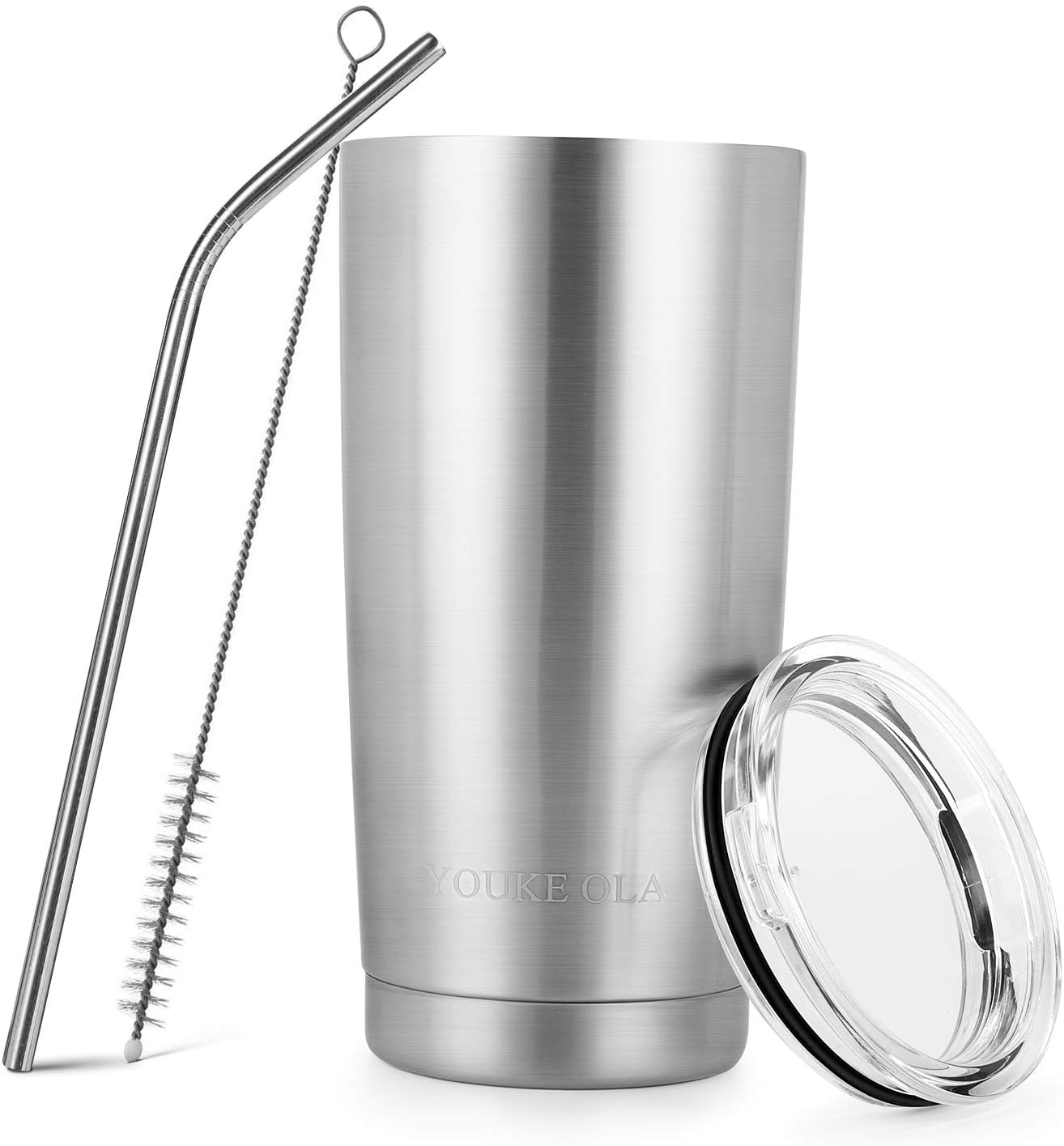 Stainless Steel Tumbler 20oz - Vacuum Insulated Tumbler Coffee Cup Double Wall Large Travel Mug with Lid, Straw, Brush (Silver, 20oz-1 Pack)