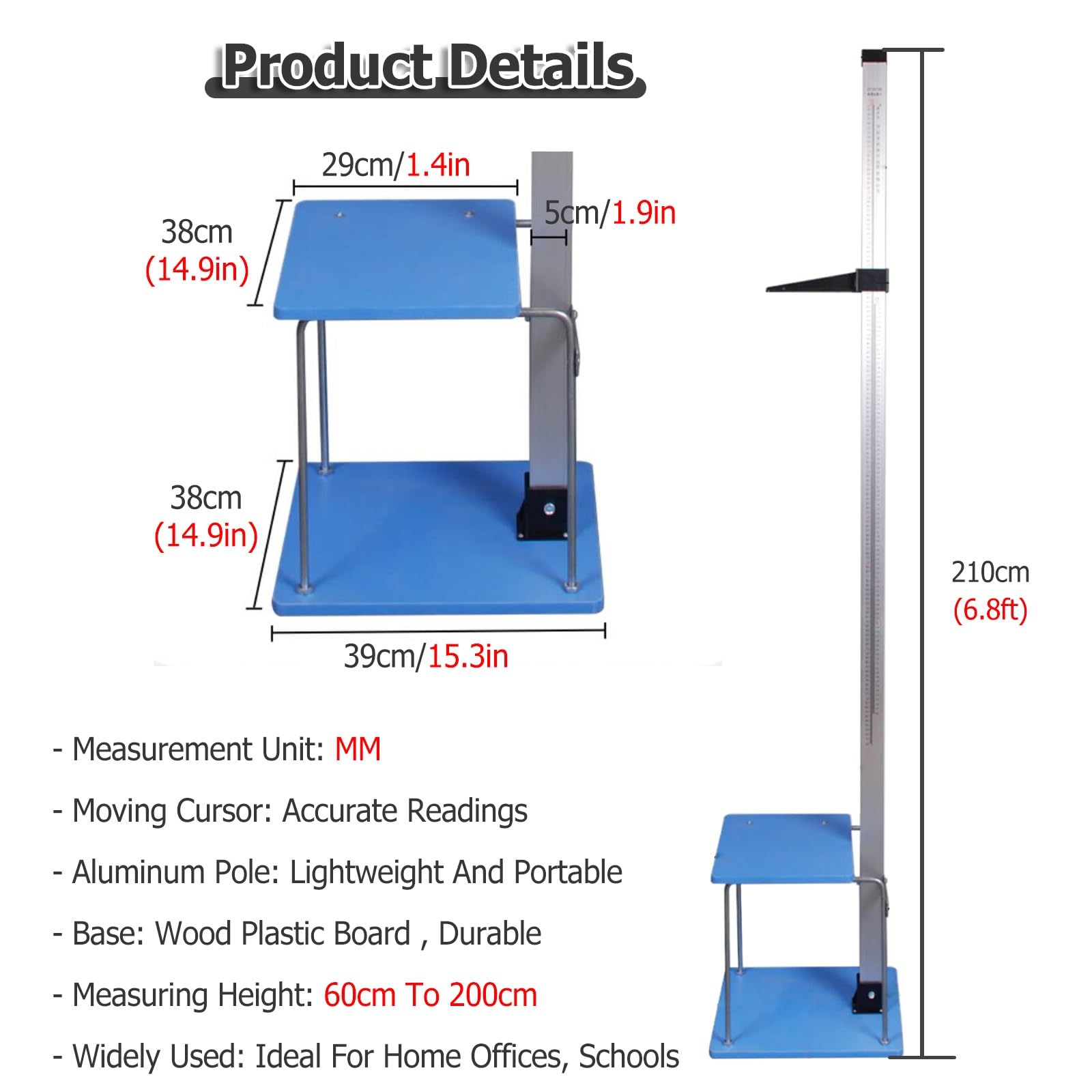 Accurate Scale Height Measuring Tool, Easy to Assemble Aluminum Height Measuring Rod Range 60-200 cm, Children & Adult Height Scale for During Physical Examination
