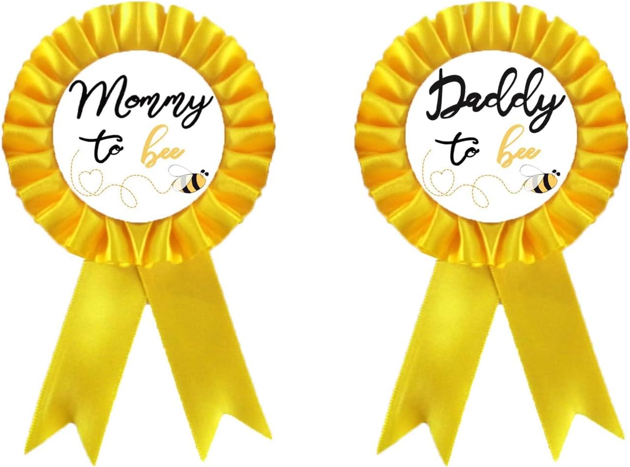 Mommy to bee & Daddy to bee Tinplate Badge Pins by Party Inspo, Bee Themed Baby Shower Button,Gender Reveals Party Baby Bee Rosette Button,What Will Baby Bee Baby Shower Gift