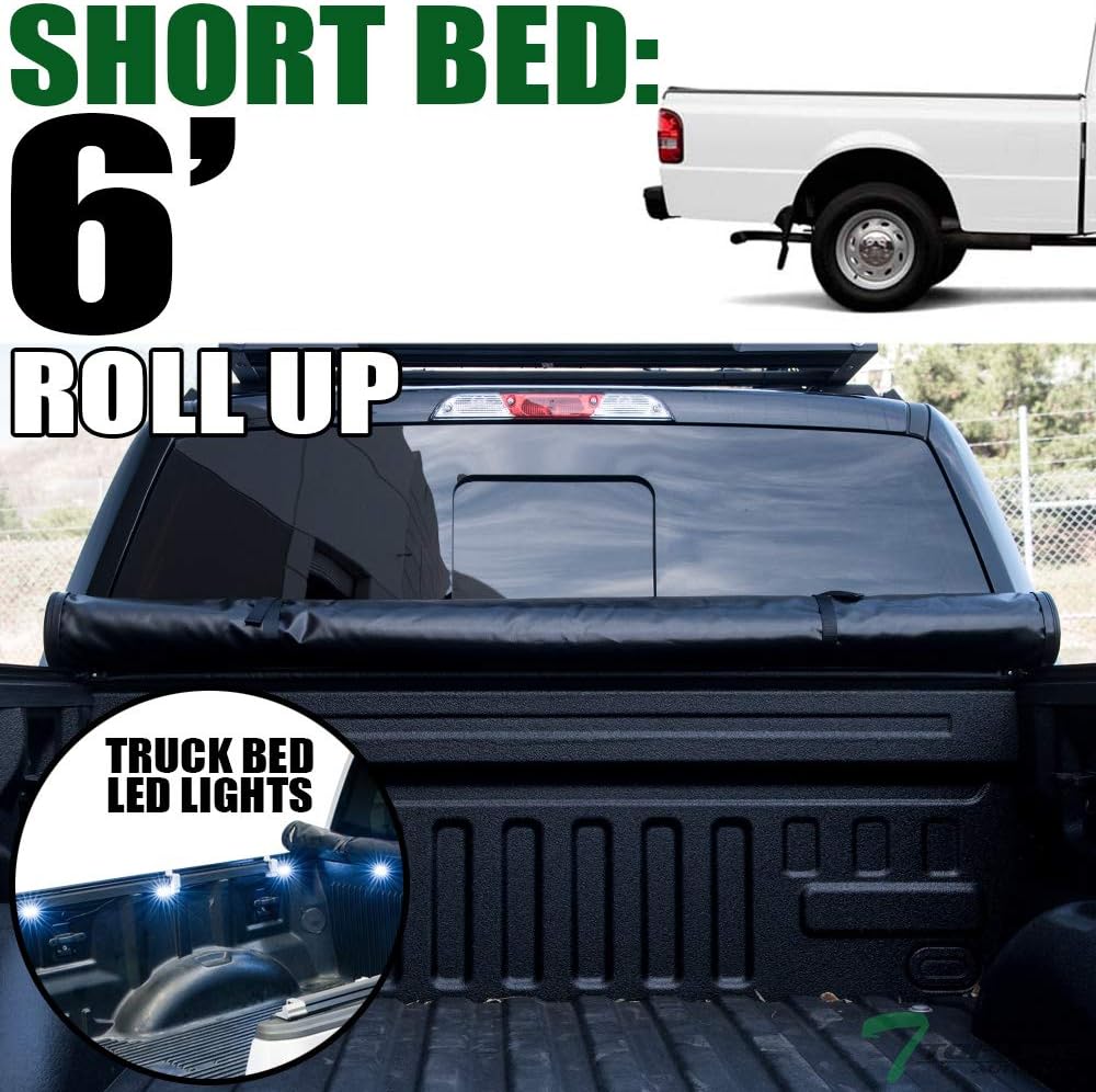 Lock & Roll Up Soft Vinyl Tonneau Cover with Truck Bed LED Lighting System Compatible with 83-11 Ford Ranger / 94-10 Mazda B-Series B2300 B2500 B3000 B4000 6 Ft (72") Short Bed