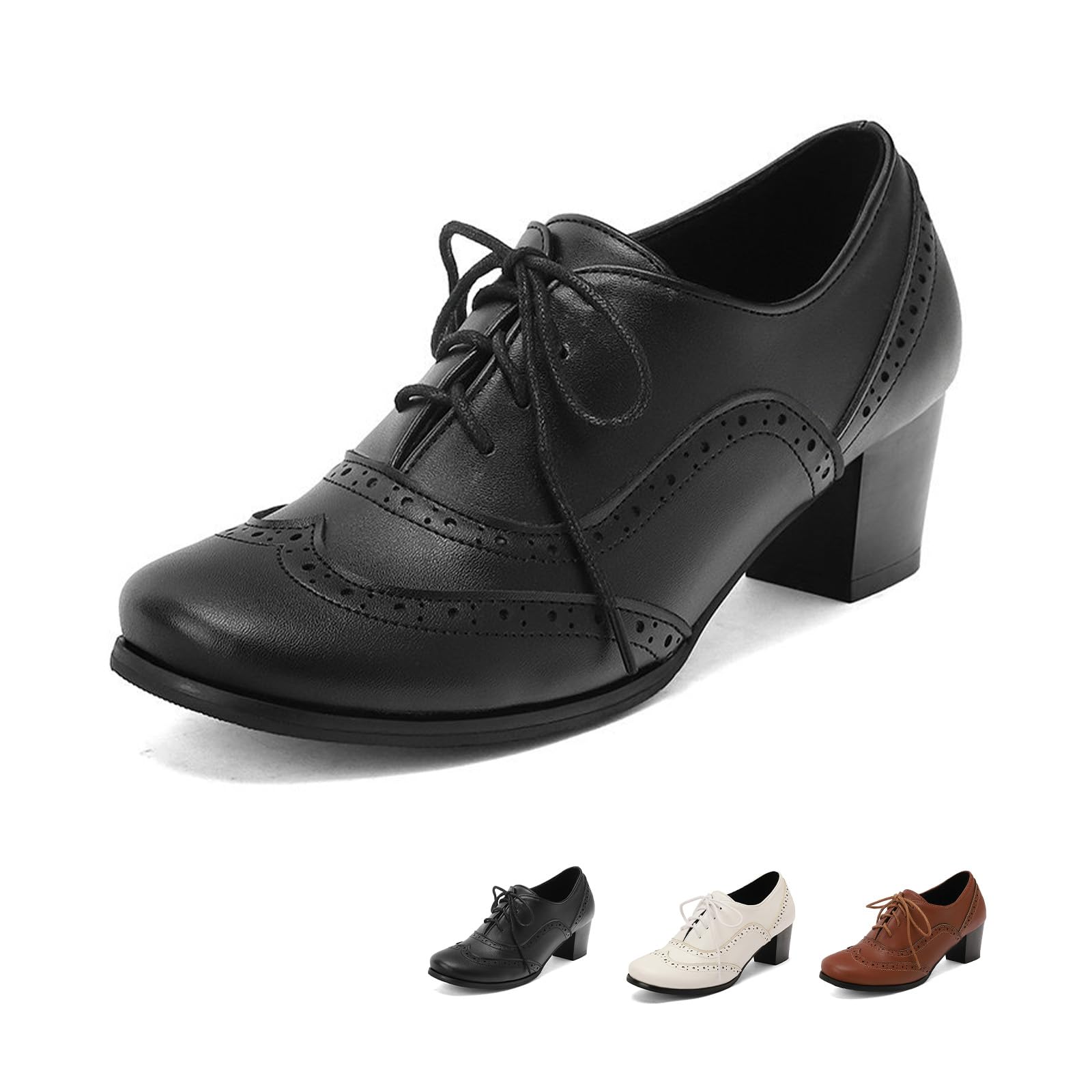 Womens Lace-Up Wingtip Oxford Pumps Square Brogues Perforated Block Dressy Vintage Chunky Heel Saddle Shoes