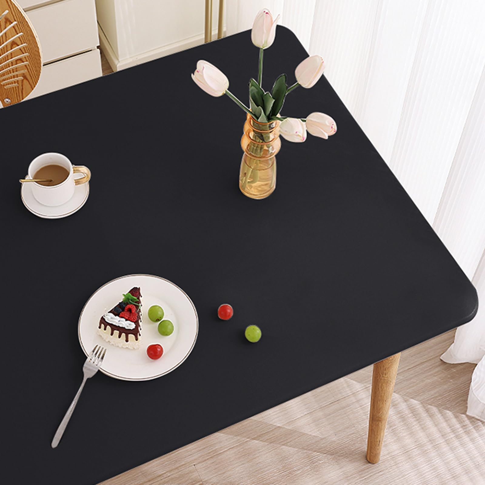 Mantel Elástico Impermeable Limpiable con Borde Elástico, PU Manteles de Mesa Ajustables para Cocina Jardín Interior Exterior, Resistencia al Desgaste(Black,90 X 180 cm)