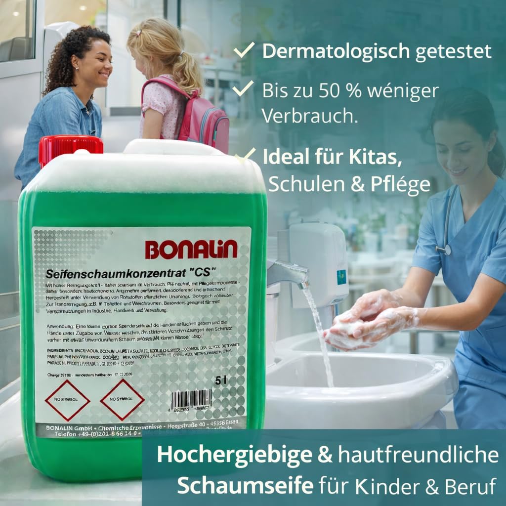 BONALIN Seifenschaumkonzentrat CS 5L Kanister – pH 5,5 hautneutral & dermatologisch getestet – ergiebige Schaumseife für Spendersysteme – B2B Handwaschseife für Büro, Hotel, Gastronomie, Pflege