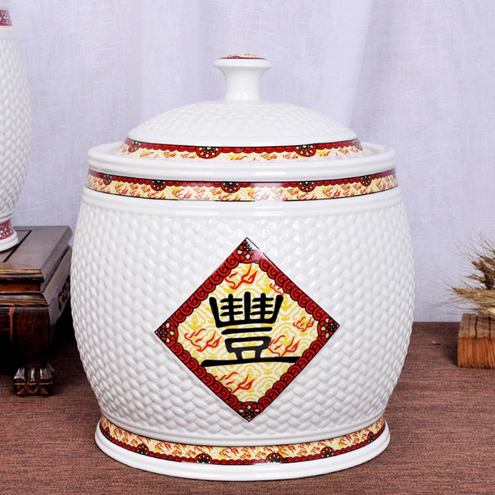 SXYHCK Chinese Sealed Ceramic Rice Pot Ceramic Rice Bucket With Lid, Grain Storage Container Porcelain Food Dispenser For Snacks Candy Coffee Beans(Style A,5kg/11lbs)