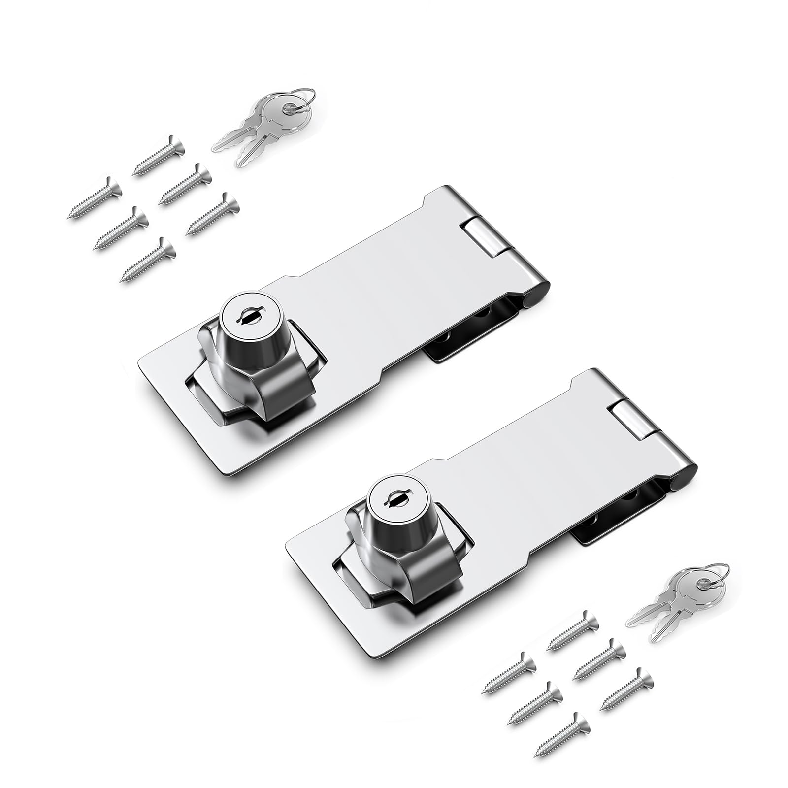 4 Inch Keyed Hasp Lock for Cabinets &amp; Small Doors, Twist Knob Design, Heavy Duty Zinc Alloy with Chrome-Plated Iron, Includes Keys &amp; Screws - Silver, 2 Pack