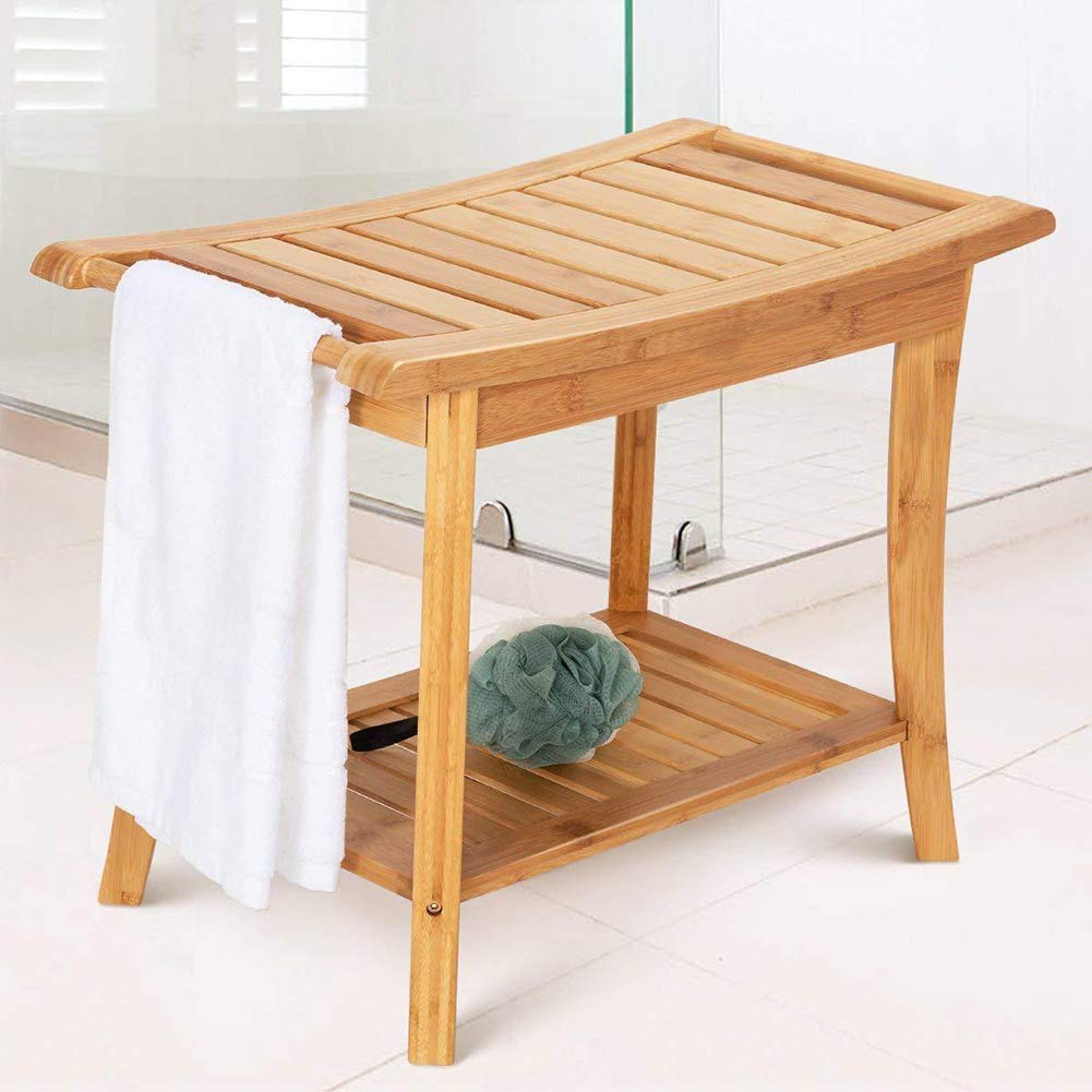 BAKAJI Sgabello da Bagno in Bambu con Panca Ripiano Portaoggetti Panchina Casa Colore Bamboo