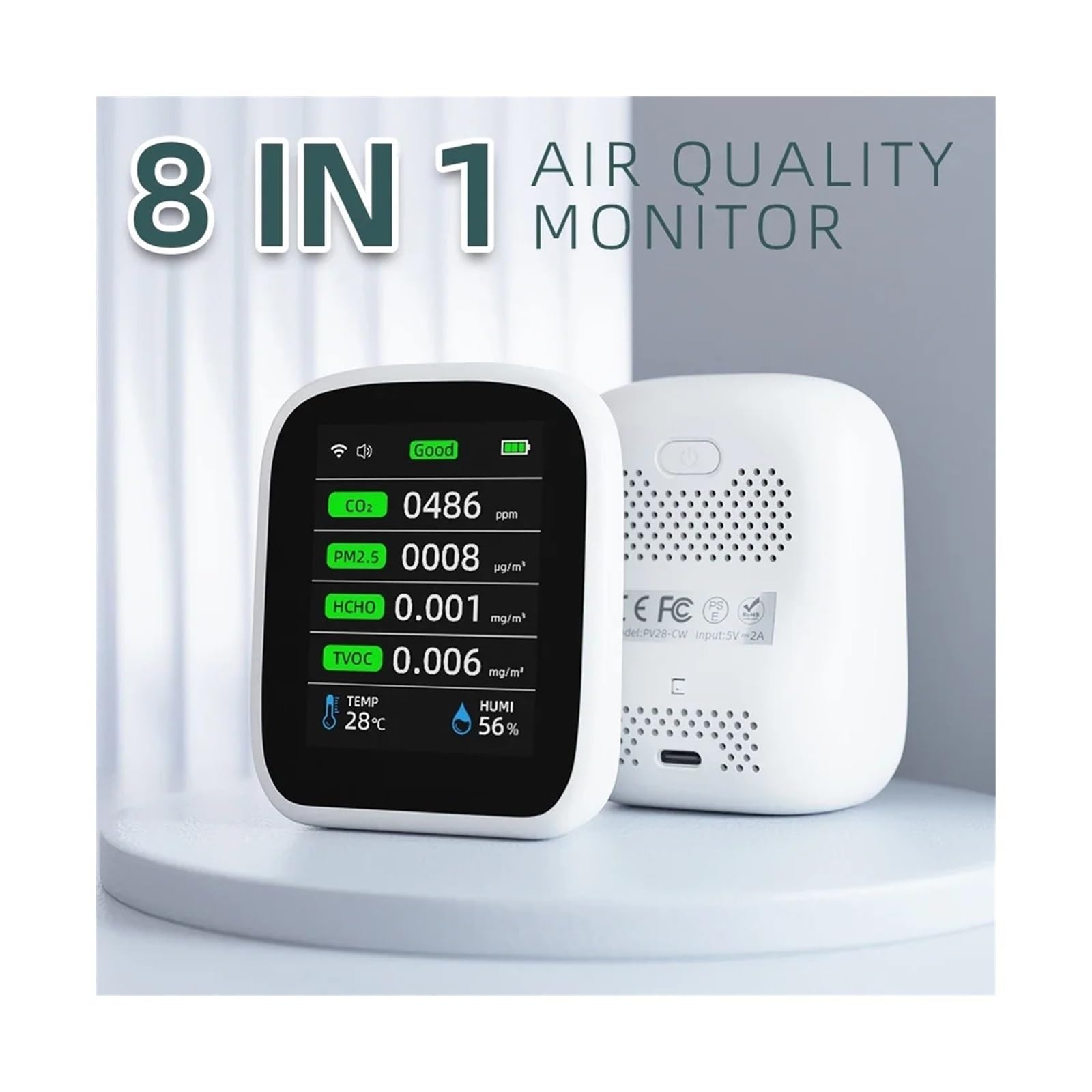 Rilevatore di gas, 8 in 1 Tuya Wifi PM1.0 PM2.5 PM10 CO2 TVOC HCHO Tester di temperatura e umidità Misuratore portatile a qualità 'aria Rilevatore anidride carbonica